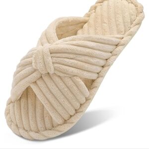 Women's Cross Band Bow Slippers Cozy Open Toe House Shoes Corduroy, BEIGE